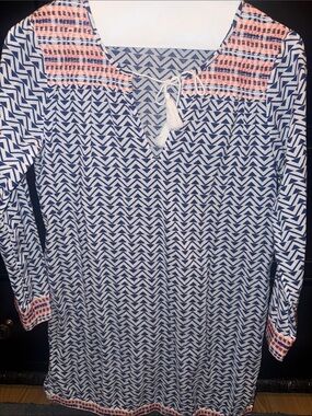 Soft Joie Navy & White Geometric Tunic with Coral Embroidery